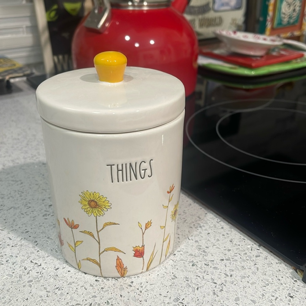 Rae Dunn White/Yellow/Black "THINGS" Ceramic Canister Jar